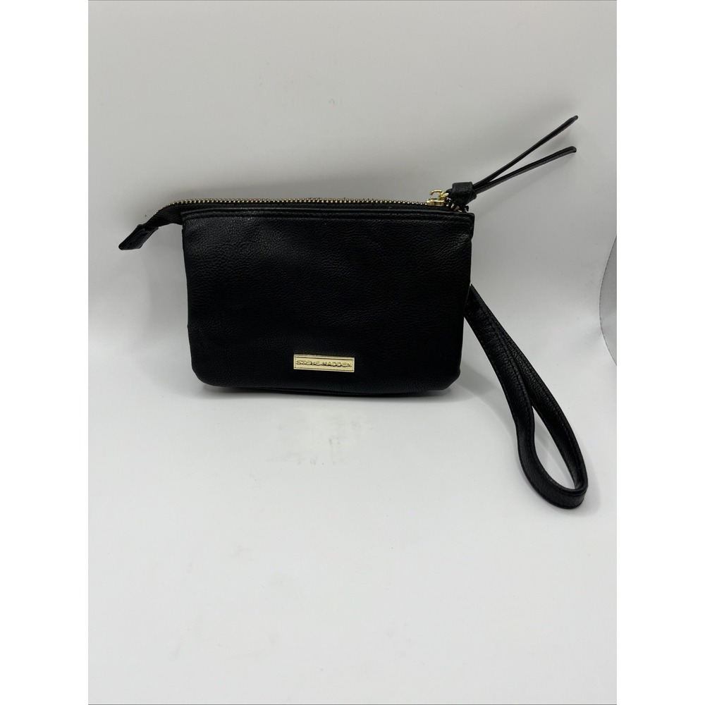 Steve Madden Black Faux Leather Wristlet Pouch Purse Handbag Used‎
